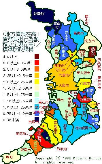 １９９６年度　地方債現在高と債務負担行為額の合計から積立金現在高を引いた額を標準財政規模で割った値