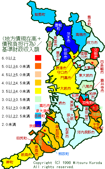 １９９６年度　地方債現在高と債務負担行為の合計額を基準財政収入額で割った値