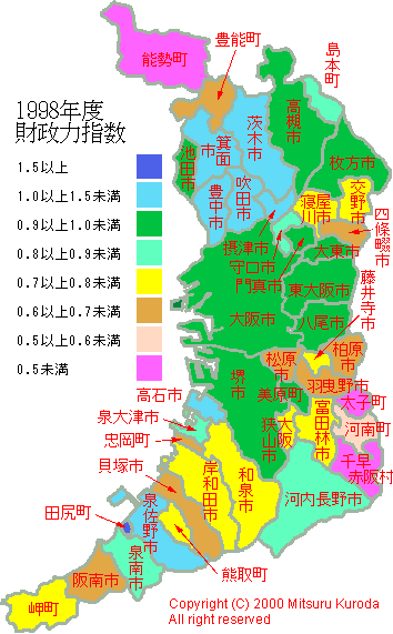 １９９８年度　財政力指数（３カ年平均）